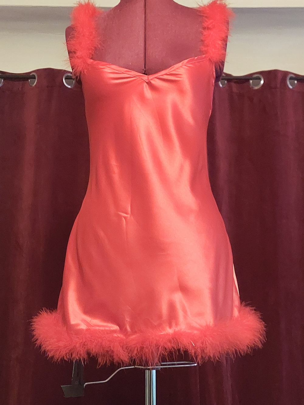 Dolls Kill Red Satin Mini Dress with Feather Trim